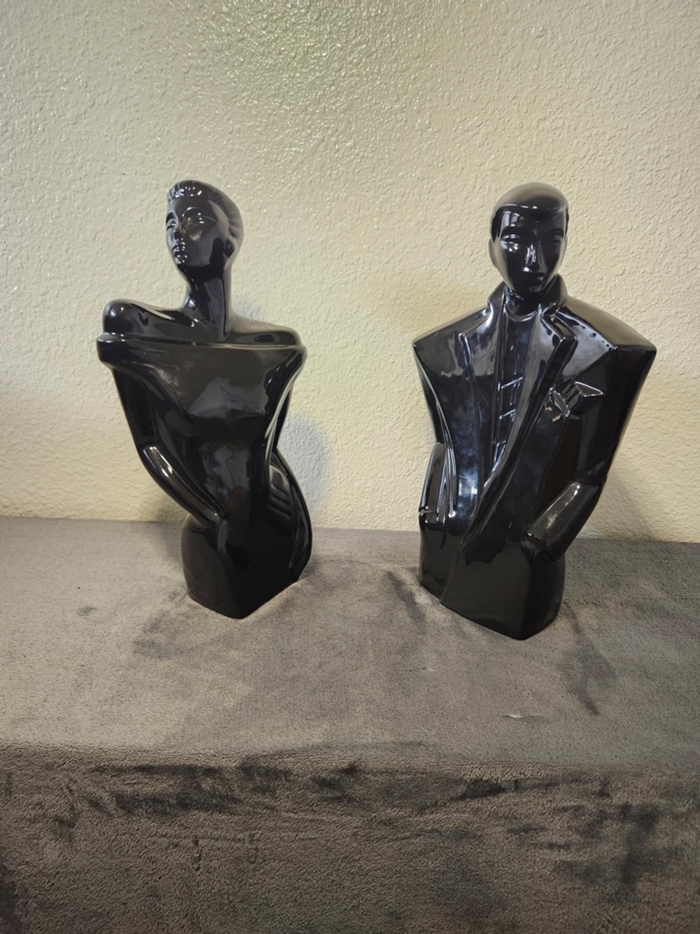 Vintage 70s-80s Black Ceramic Abstract Couple Sculptures -m